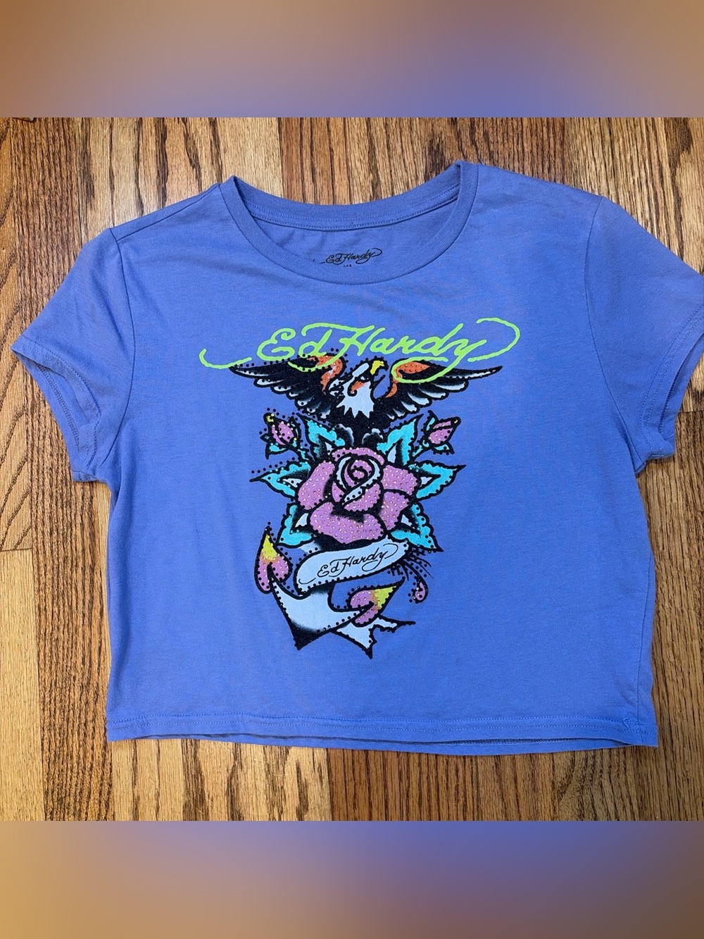 Ed Hardy Crop Top Rhinestone Eagle Rose Anchor Tshirt Graphic Baby Tee Jrs XL
